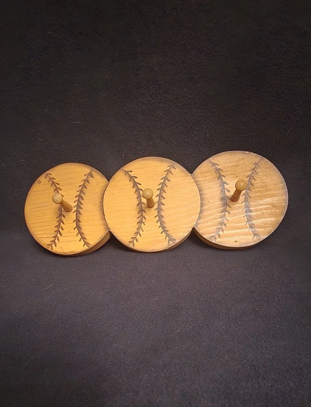 Vintage Yellow Wooden Baseball Three-Hook Rack